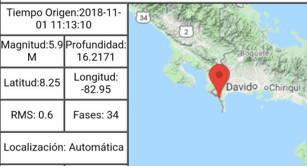 Se registra sismo de magnitud 5.9 en Chiriquí