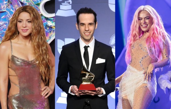 De izquierda a derecha, Shakira, Edgar Barrera y Karol G.