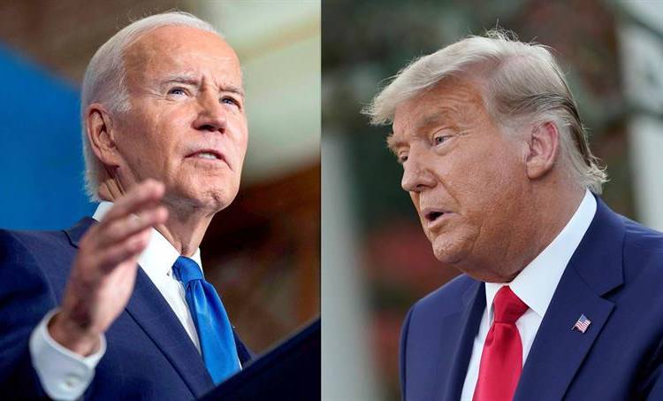 Composición de dos fotografías de archivo donde aparece el presidente y el expresidente de los Estados Unidos, Joe Biden (i) y Donald J Trump (d).