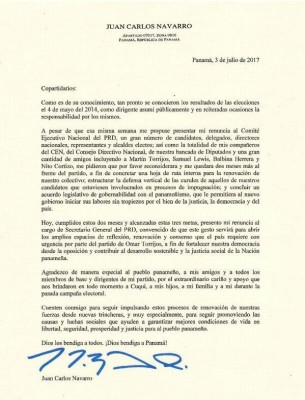 Carta de renuncia de Navarro.