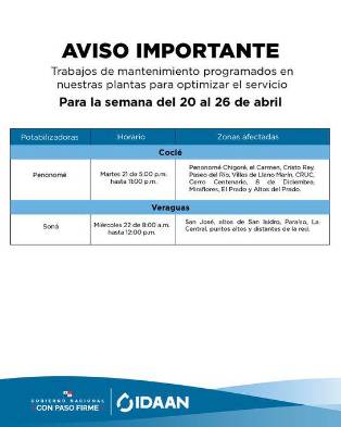 IDAAN anuncia mantenimiento en plantas potabilizadoras durante esta semana