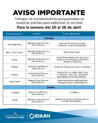 IDAAN anuncia mantenimiento en plantas potabilizadoras durante esta semana