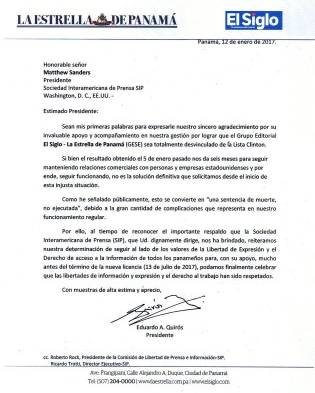 Nota entregada a Matthew Sanders, presidente de la SIP.