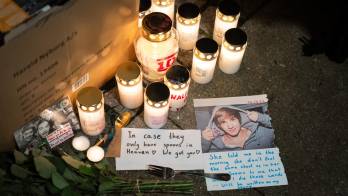 Candles and flowers have been placed at a makeshift memorial in tribute to late British singer and former member of boy band One Direction, Liam Payne at the Forum in Copenhagen, Denmark on October 17, 2024. Payne, 31, died after falling from a third-floor balcony at a Buenos Aires hotel on Wednesday, October 16. The circumstances of the pop star's death, however, remain unclear. (Photo by Emil Nicolai Helms / Ritzau Scanpix / AFP) / Denmark OUT