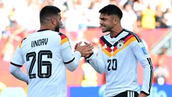 Deniz Undav de Alemania (izq.) celebra con su compañero Nadiem Amiri tras marcar el gol del empate 1-1 durante el partido de la fase de grupos de la Copa Mundial de la FIFA 2026 entre Alemania y Costa de Marfil, en Toronto, Canadá.