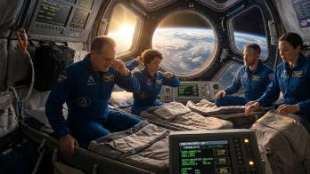 La tripulación despierta admirando la espectacular vista de la Tierra.