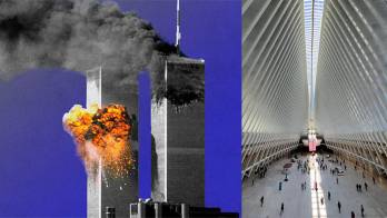 Izquierda: Icónica imagen de las Torres Gemelas impactadas, hace 24 años. Derecha: Personas caminan al interior del Oculus en el World Trade Center, este jueves 11 de septiembre de 2025