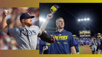 Drew Rasmussen (i), lanzador de los Rays de Tampa, y Jacob Misiorowski (d), de los Cerveceros de Milwaukee.