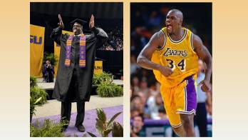 Al momento de recoger su diploma (i), ampliando su legado personal, tras una exitosa carrera en la NBA.