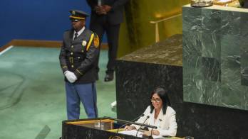 La presidenta encargada de Venezuela, Delcy Rodríguez, habla durante la 81ª Asamblea General de Naciones Unidas en Nueva York (Estados Unidos).