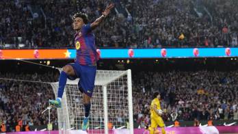 Lamine Yamal celebra su gol contra el Espanyol, durante el partido de la jornada 31 de LaLiga.