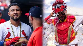 Herrera y Bernal celebran durante la victoria de los Cardenales sobre los Nacionales.