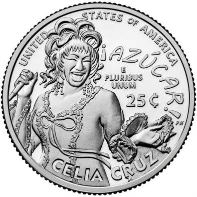 Imagen cedida por la Casa de Moneda de los Estados Unidos (US Mint) que muestra el inverso del cuarto de dólar dedicado a la cantante cubana Celia Cruz.