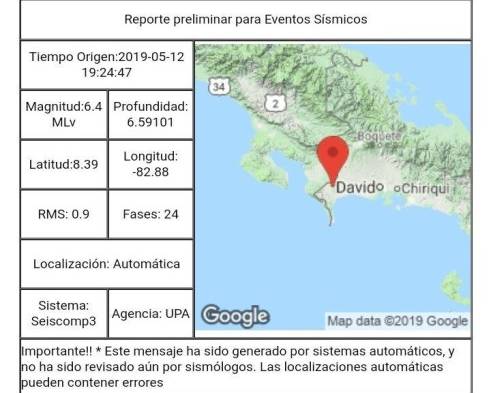 Se registra fuerte sismo en Chiriquí