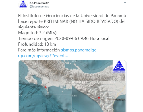 Se reporta sismo de magnitud 3.2 en la región fronteriza con Costa Rica