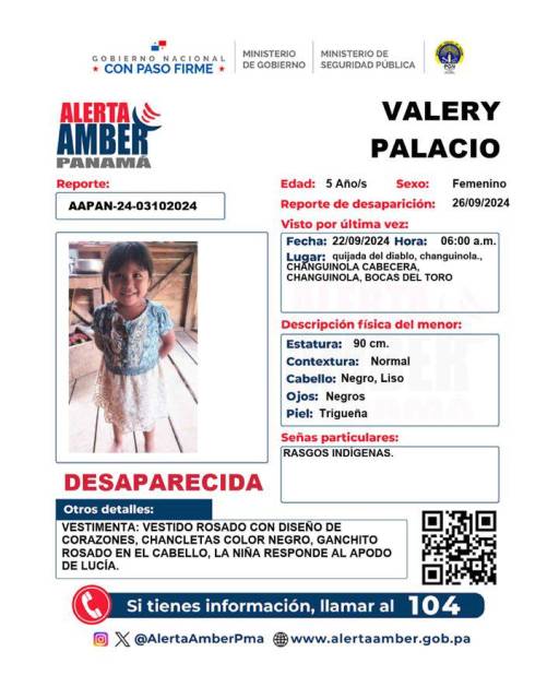 Activan alerta Amber por desaparición de Valery Palacio en Changuinola