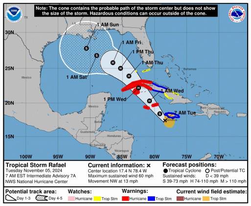 Imagen de archivo cedida por el Centro Nacional de Huracanes (NHC) estadounidense donde se muestra el pronóstico de cinco días de la trayectoria de la tormenta Rafael (i) en el Mar Caribe hacia el Golfo de México. EFE/NOAA-NHC