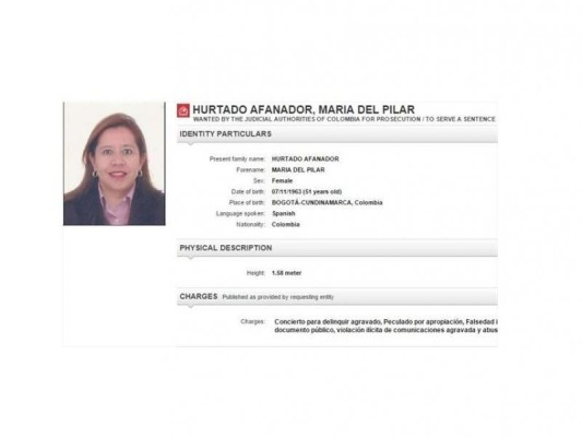 Interpol ordena captura de María del Pilar Hurtado.