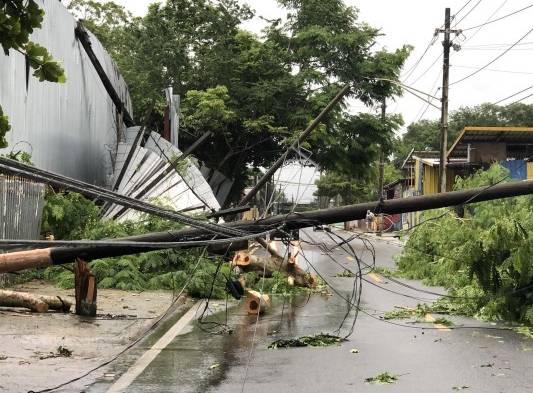 Vista de unos postes eléctricos caídos hoy después del paso del huracán Fiona por el barrio Colo en Carolina, municipio aledaño a San Juan (P.Rico).