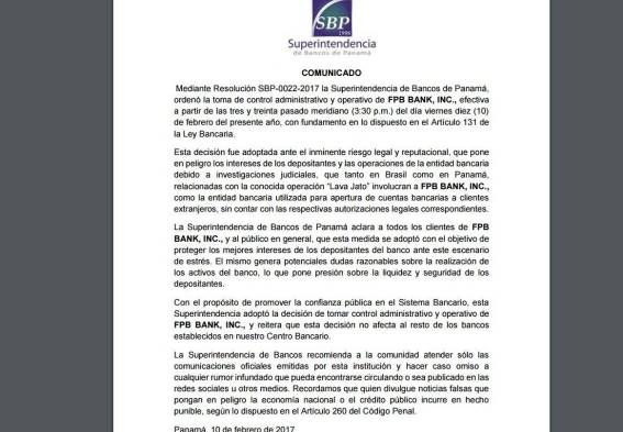 Comunicado de la Superintendencia de Bancos de Panamá.