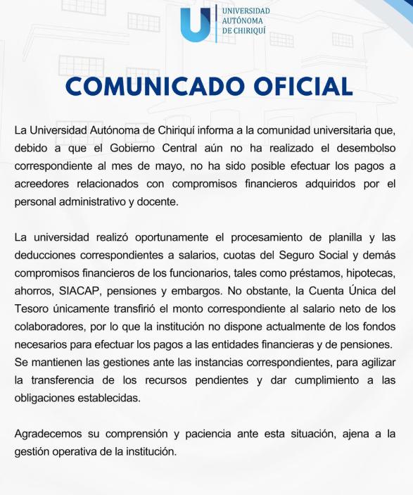 UNACHI admite retrasos en pagos por falta de desembolso del Gobierno