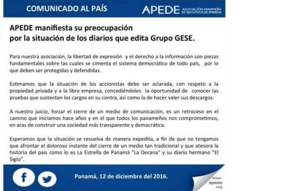 APEDE preocupada por posible cierre de El Siglo y La Estrella de Panamá 