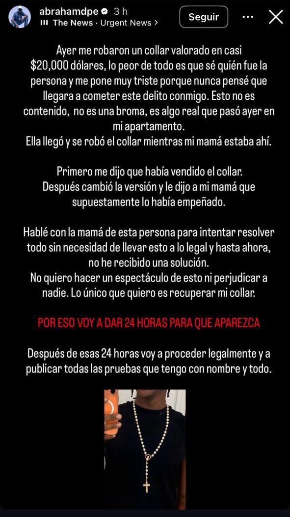 Publicación que hizo Abraham Pino en las historias de Instagram.
