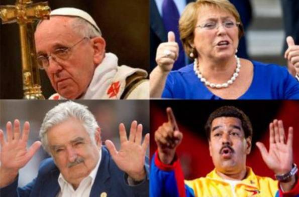 De izquierda a derecha: papa Francisco, Michelle Bachelet, José Mujica y Nicolás Maduro.