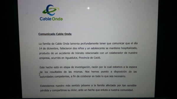 Comunicado de Cable Onda.