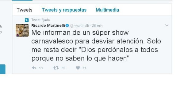 Mensaje de expresidente Martinelli en su cuenta de Twitter.