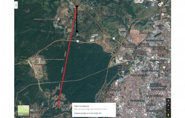Línea roja marca los 6.1 kilómetros que recorrió Robin. Línea negra, el recorrido de 1.5 kilómetros de Juan Carlos.