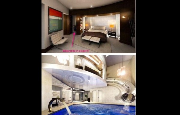 Cuarto con piscina en el primer piso con paso de tobogán.