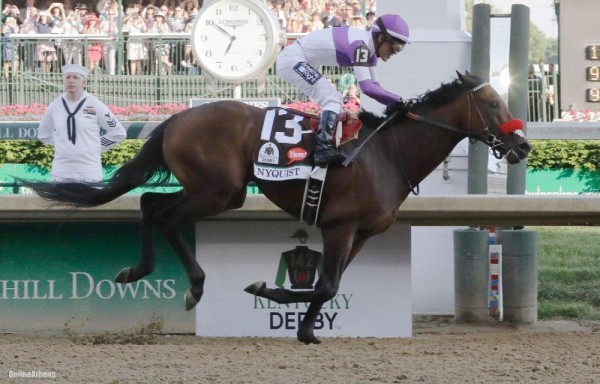 ‘Nyquist' con el jinete mejicano Mario Gutiérrez ganandose el Kentucky Derby en 2016.