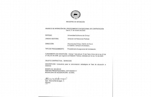 Contrato directo, Unachi destinó 320 mil para consultoría en 2020