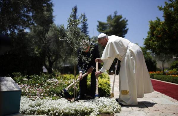 El papa Francisco y el presidente israelí, Simón Peres, plantan un árbol en la residencia presidencial en Jerusalén.