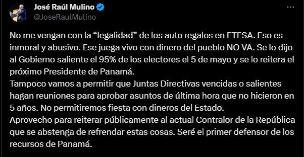 Caso Etesa: Mulino dice que mutuo acuerdo es inmoral y abusivo