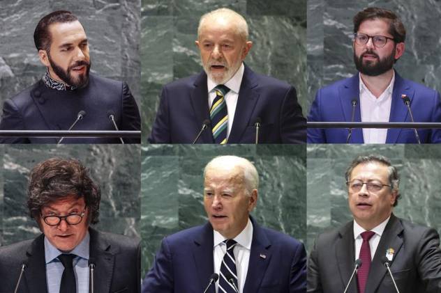 Combo de fotografías donde se ven, desde la izquierda arriba, los presidentes de El Salvador, Nayib Bukele; de Brasil, Luiz Inácio Lula da Silva; de Chile, Gabriel Boric; de Argentina, Javier Milei, de Estados Unidos, Joe Biden, y de Colombia, Gustavo Petro.