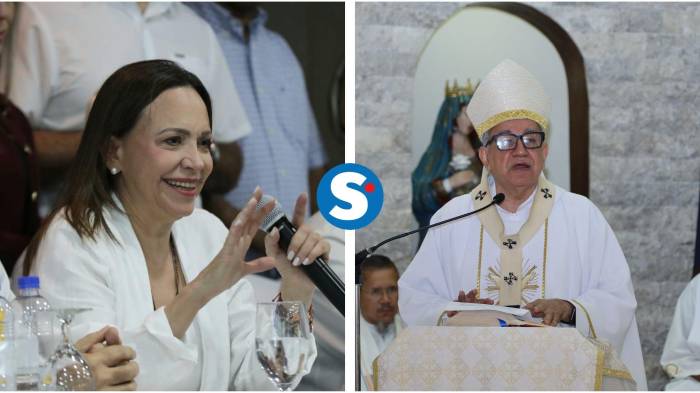 La dirigente opositora venezolana María Corina Machado y el arzobispo metropolitano, José Domingo Ulloa.