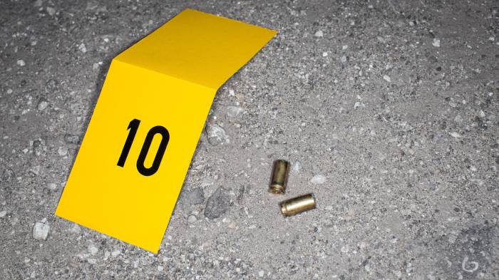 Crime Evidence Photo Taken By Forensics at Crime scene: Bullet Shells Found Next to a Body of Victim Shot Dead. Caliber Needs to be Compared to the Murder Weapon. Realistic Picture For Police Show