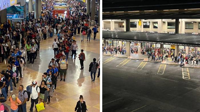Largas filas en la terminal de Albrook la noche del 6 de abril de 2026: pocos buses y muchos pasajeros.