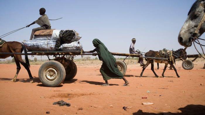 Paso fronterizo de Adre entre Chad y Sudán. 600.000 personas ya huyeron de la guerra en Sudán para buscar refugio en Chad desde abril de 2023 y cada día llegan nuevas personas.