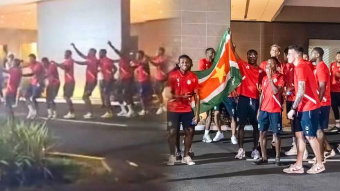 Los jugadores de Surinam bajaron del hotel en Metromall para unirse a la caravana panameña.