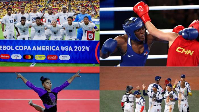 Combo de fotografías de archivo que muestran a la selección masculina de fútbol de Panamá (arriba-i), a la boxeadora panameña Atheyna Bylon (arriba-d), a la gimnasta panameña Hillary Heron (abajo-i) y al equipo de béisbol de Panamá. EFE