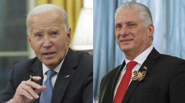 Combo de fotografías de archivo donde se observa al presidente de los Estados Unidos Joe Biden (i), y al presidente de Cuba, Miguel Díaz-Canel. Washington y La Habana dieron este martes la sorpresa al anunciar, respectivamente, la salida de Cuba de la lista de países que patrocinan el terrorismo y una excarcelación masiva de presos de la isla en la que ha mediado el Vaticano. EFE/ Chris Kleponis / Maxim Shemetov ARCHIVO