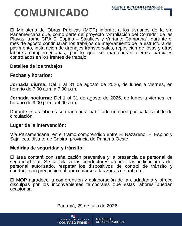 MOP mantendrá cierres parciales en la vía Panamericana