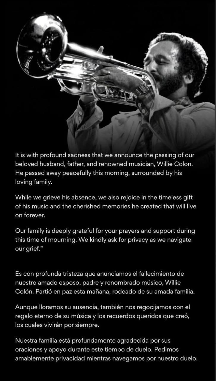 Comunicado que publicó la familia del salsero en sus redes sociales.