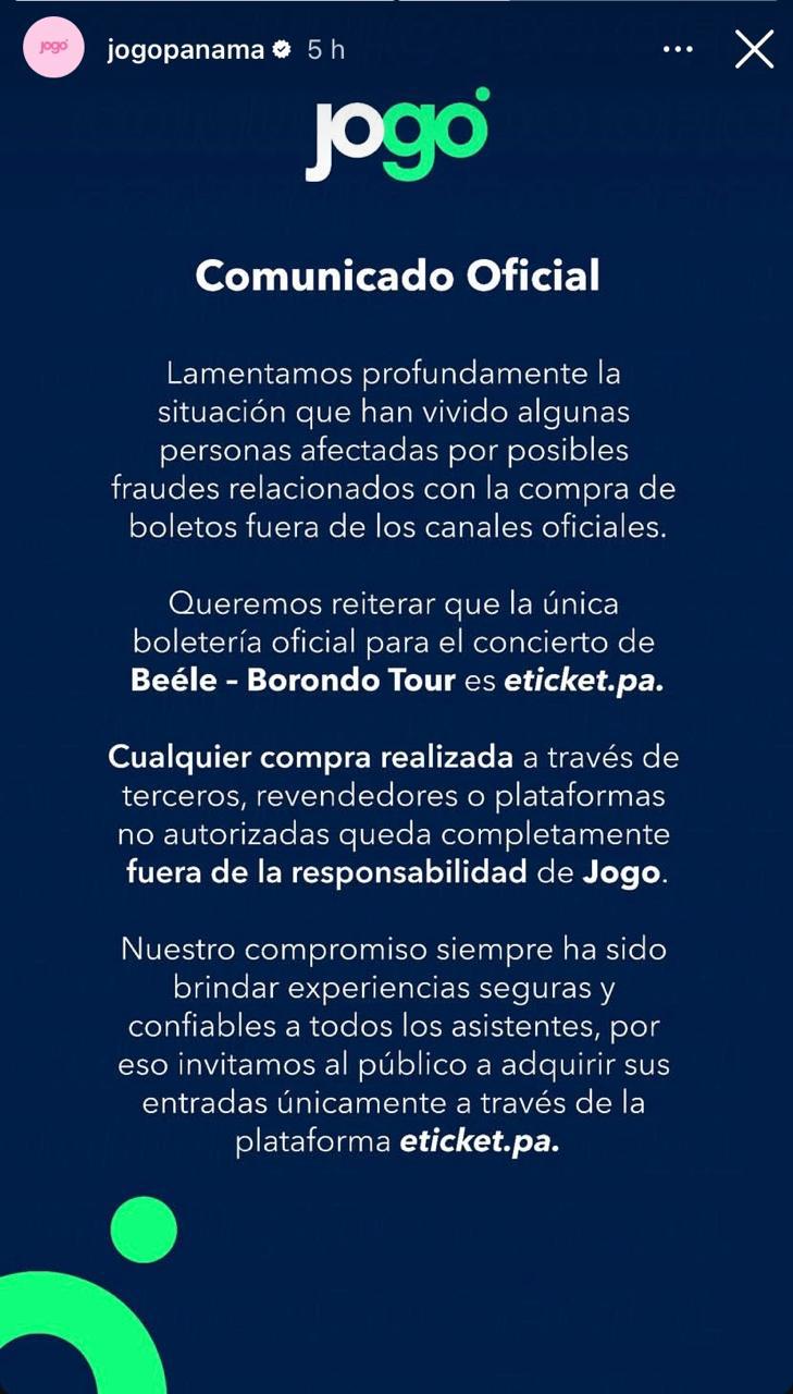 Comunicado de la empresa Jogo Panamá.