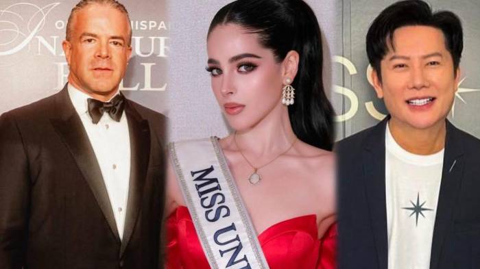 De izquierda a derecha, Raúl Rocha Cantú, presidente de la Organización Miss Universo; Fátima Bosch, Miss México; y Nawat Itsaragrisil, empresario tailandés involucrado en el polémico incidente durante la ceremonia de bandas en Bangkok.