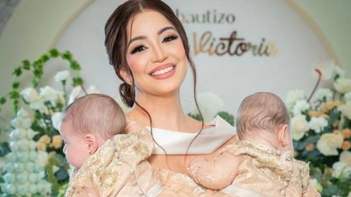 Lily Vargas junto a sus hijas, Vera y Victoria. Bautizo se realizó en la capilla de Fátima del Santuario Nacional.
