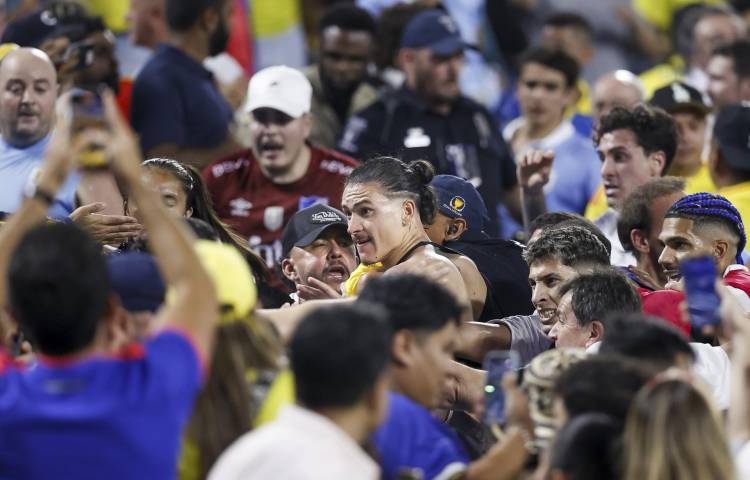 El jugador uruguayo Darwin Nunez (c) pelea con aficionados en la gradería luego de la semifinal de la Copa América ante Colombia. EFE//BRIAN WESTERHOLT